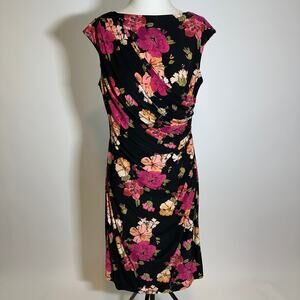American Living Black Pink Floral Jersey Knit Cap Sleeve Dress Womens Size 14